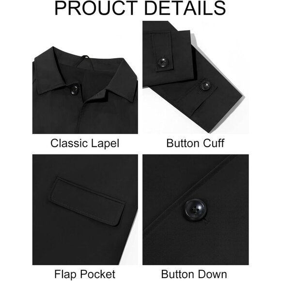 Men's Black Slim-Fit Single-Breasted Trench Coat Long Windbreaker Overcoat - Picture 5 of 5